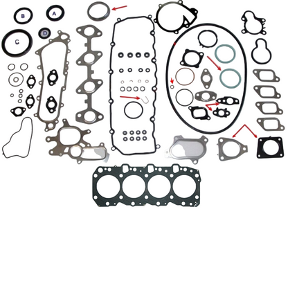Toyota 1KZ-TE Complete Gasket Set 50+ components on a white background including head gasket, valve cover gasket, exhaust manifold gasket, intake manifold gaskets, and more.